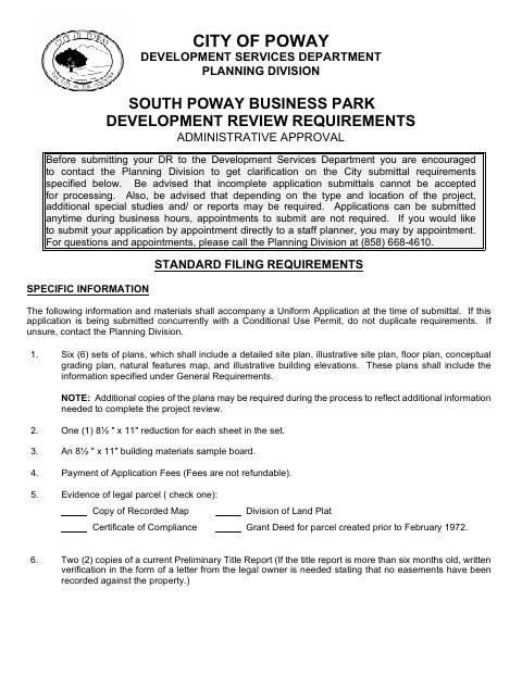 First page of the South Poway Business Park Development Review Application