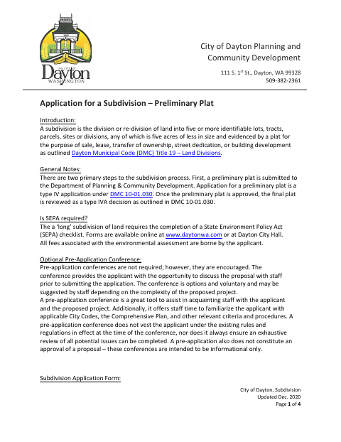 First page of the Application for a Subdivision – Preliminary Plat