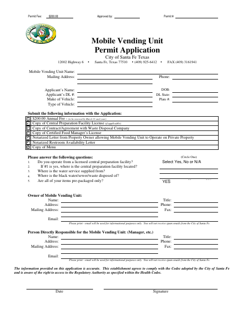 First page of the Mobile Vending Unit Permit Application