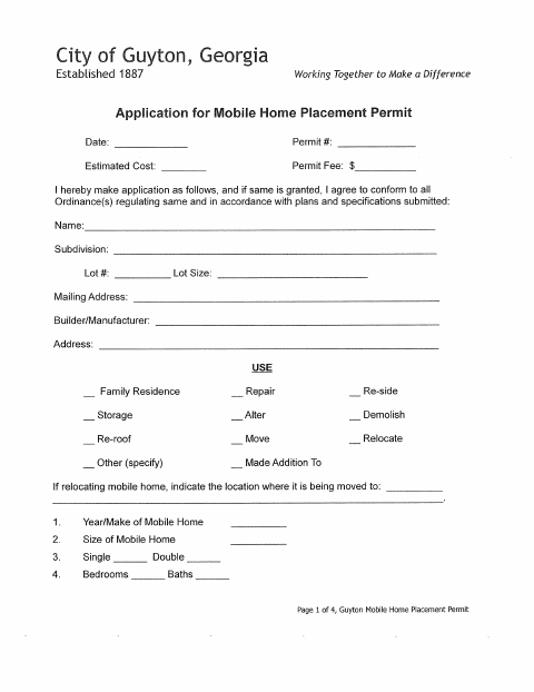 First page of the Mobile Home Placement Permit