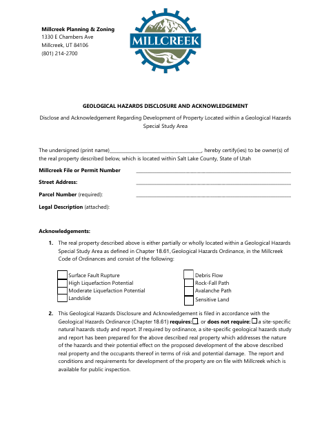 First page of the Geological Hazards Disclosure and Acknowledgment