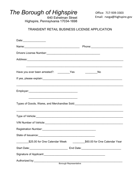 First page of the Transient Retail Business License Application