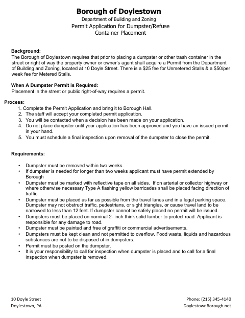 First page of the Permit Application for Dumpster/Refuse Container Placement