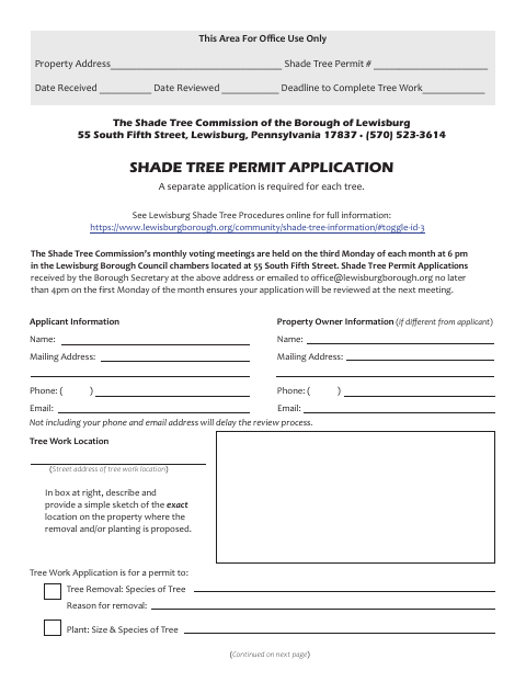 First page of the Shade Tree Permit Application