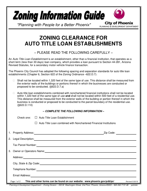 First page of the Zoning Clearance for Auto Title Loan Establishments