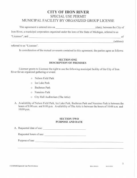 First page of the Special Use Permit