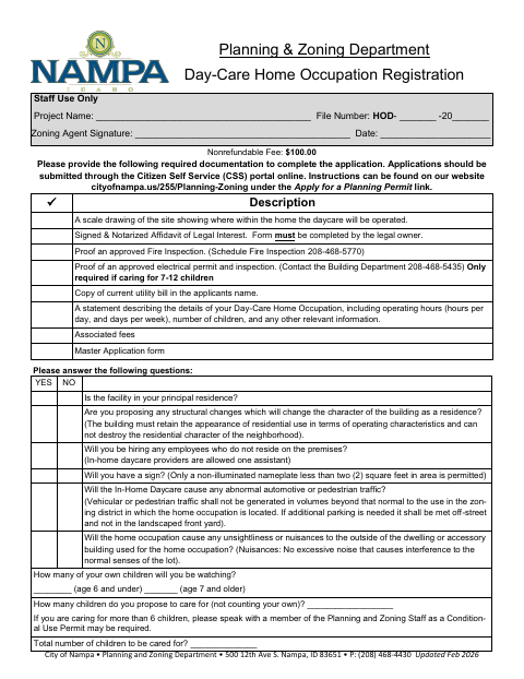 First page of the Day-Care Home Occupation Registration