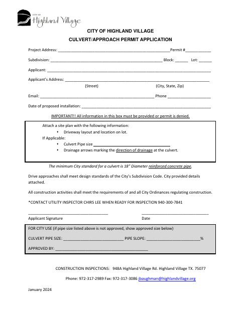 First page of the Culvert/Approach Permit Application