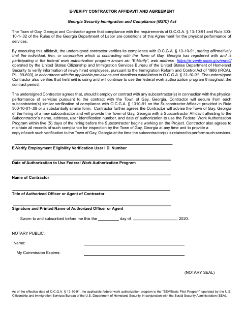First page of the E-Verify Contractor Affidavit and Agreement