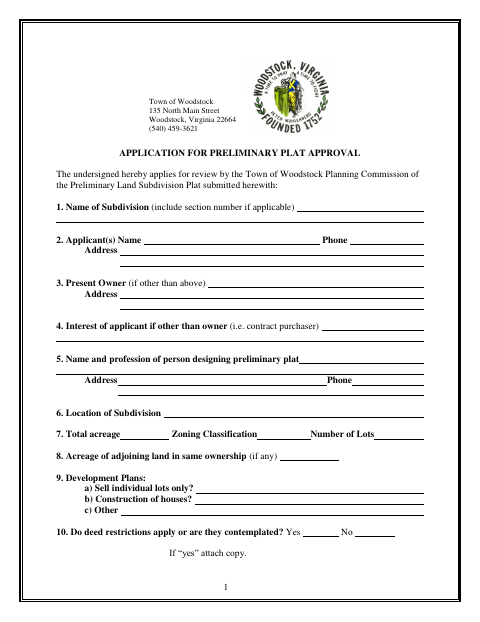 First page of the Application for Preliminary Plat Approval
