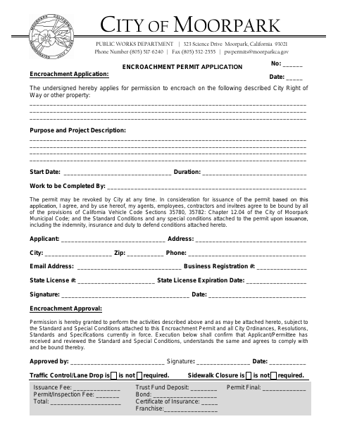 First page of the Encroachment Permit Application and Standard Conditions