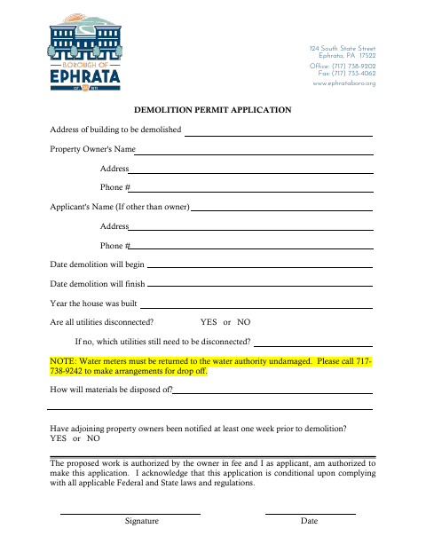 First page of the Demolition Permit Application