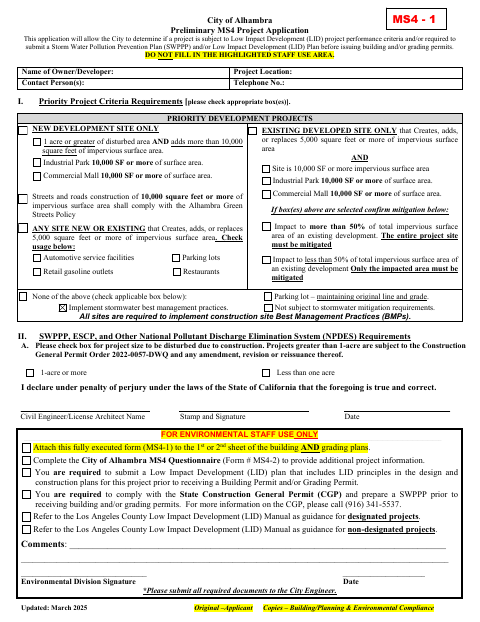 First page of the Preliminary MS4 Project Application