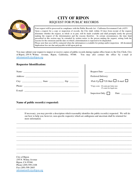 First page of the Request for Public Records