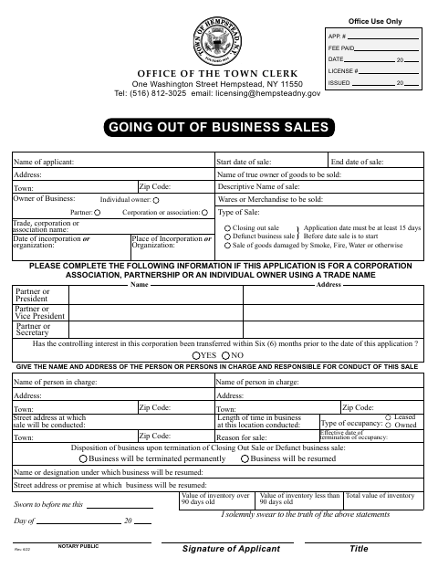 First page of the Going Out of Business Sale Application