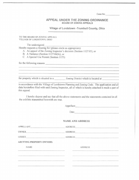 First page of the Zoning Appeal Application
