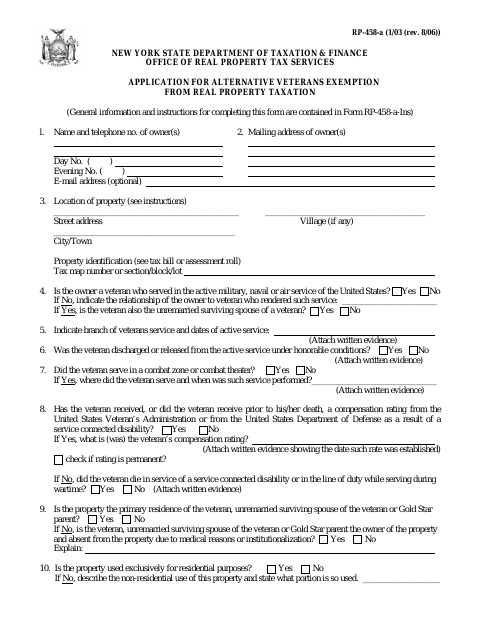 First page of the Application for Alternative Veterans Exemption from Real Property Taxation