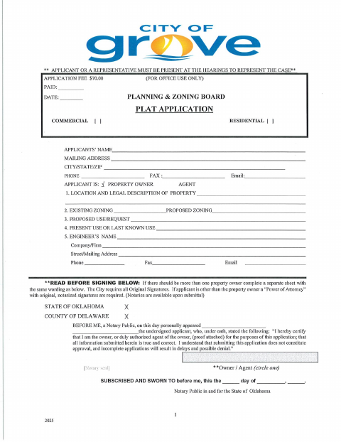 First page of the Planning & Zoning Board Plat Application