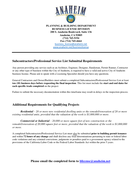 First page of the Subcontractors/Professional Service List