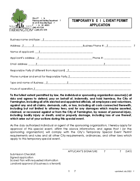 First page of the Temporary Special Event Permit Application