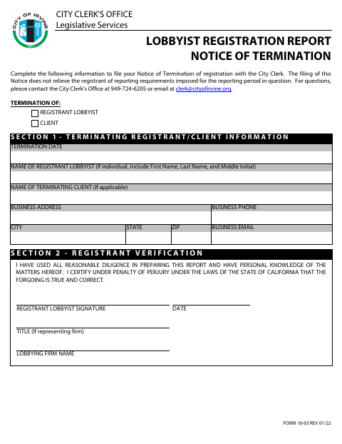 First page of the Lobbyist Registration Report Notice of Termination