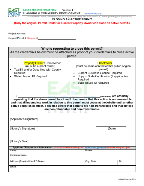 First page of the Closing an Active Permit Form