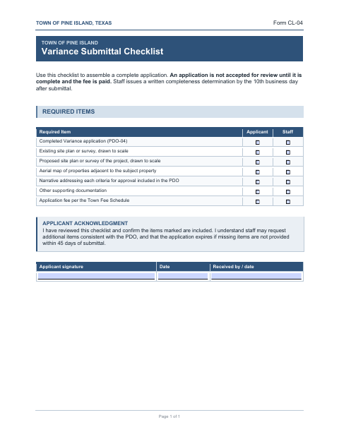 First page of the Variance Application