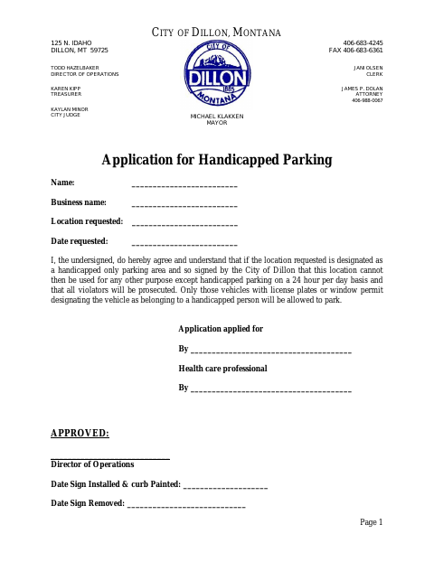 First page of the Application for Handicapped Parking