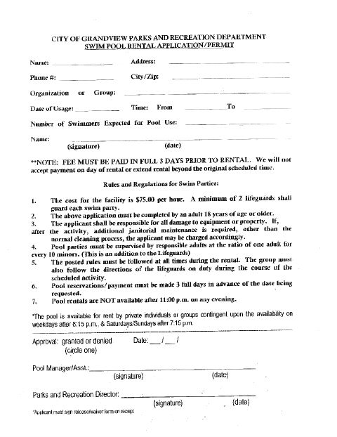First page of the Pool Rental Application