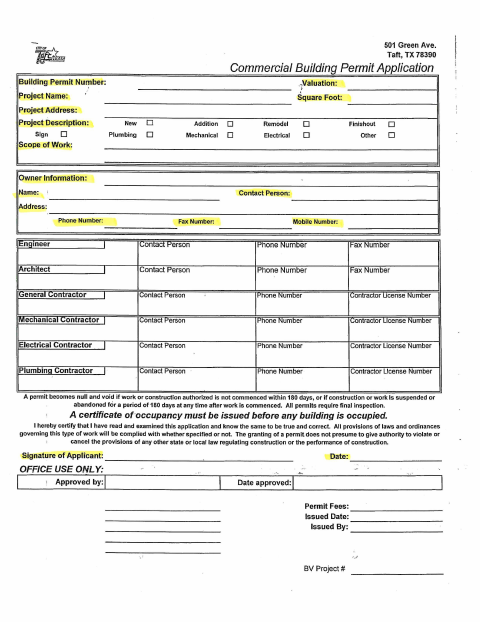 First page of the Commercial Building Permit Application
