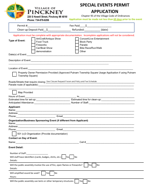 First page of the Special Events Permit Application