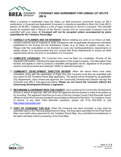 First page of the Covenant and Agreement for Urban Lot Splits (SB 9)