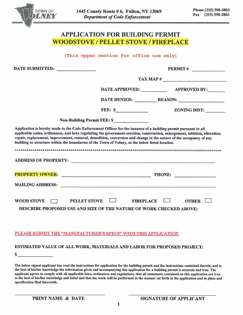 First page of the Stove and Fireplace Building Permit Application