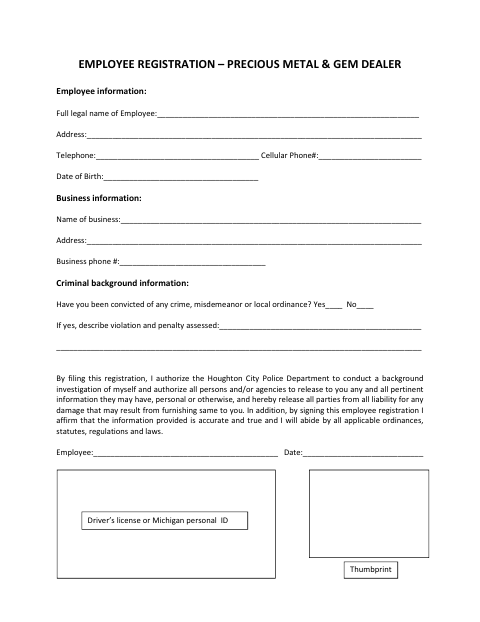 First page of the Employee Registration – Precious Metal & Gem Dealer