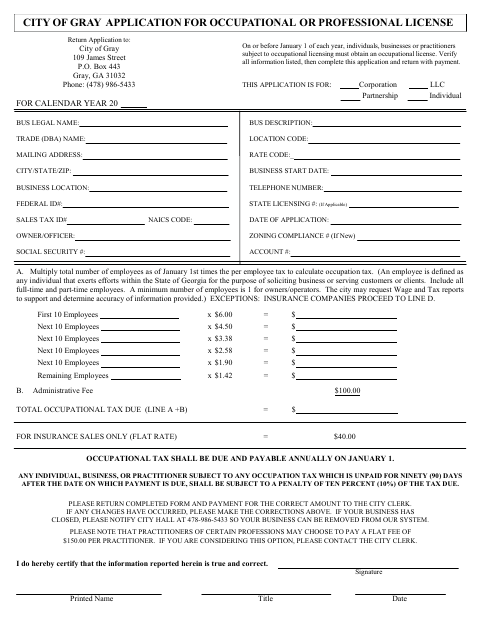 First page of the Occupational Tax Application