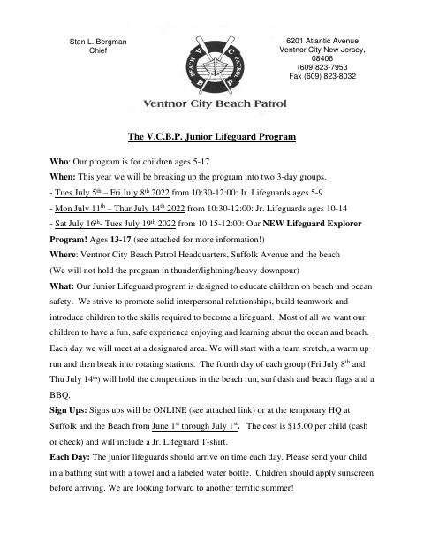First page of the Junior Lifeguard Application