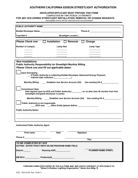 First page of the SCE Streetlight Authorization