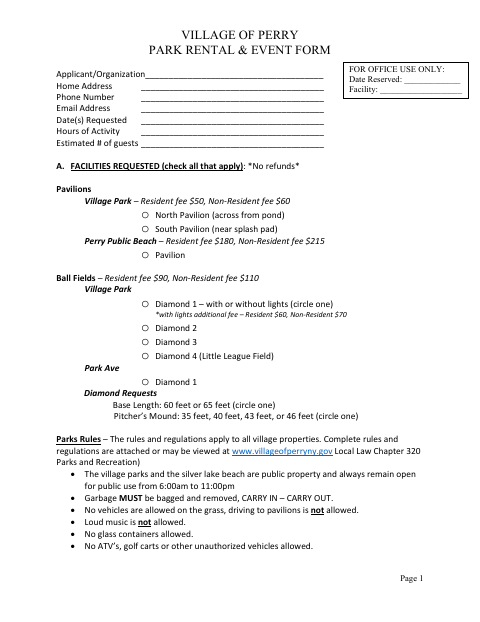 First page of the Park Rental and Event Form