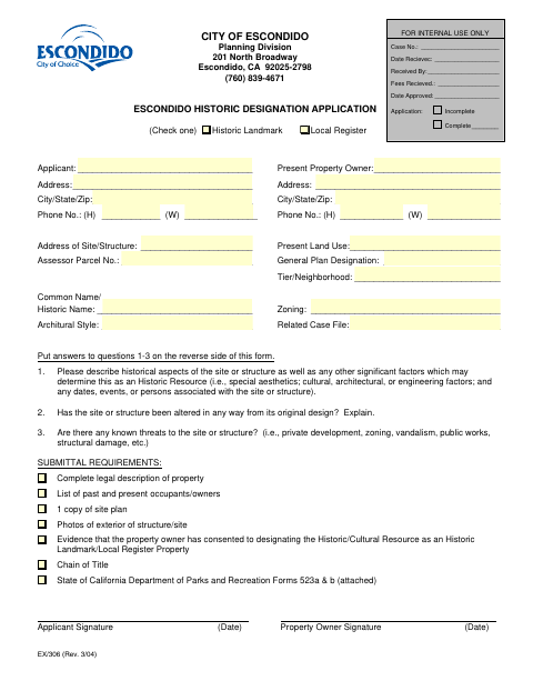 First page of the Historic Designation Application