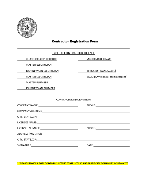 First page of the Contractor Registration Form