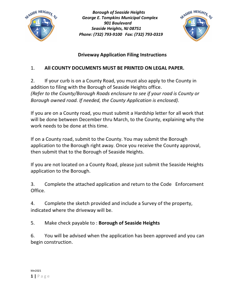 First page of the Driveway Application for Borough and County