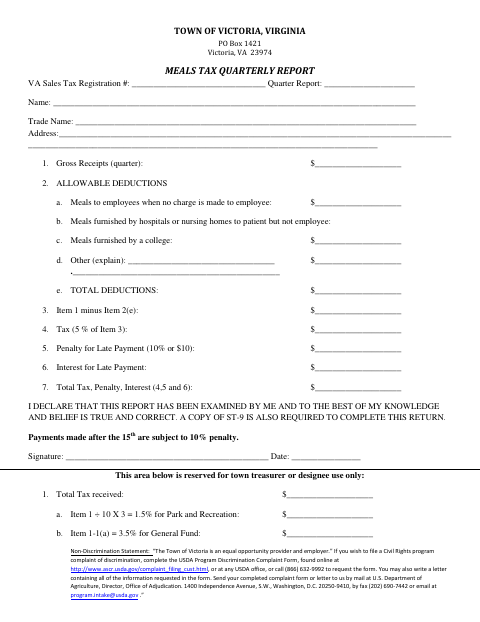 First page of the Meals Tax Quarterly Report