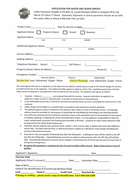 First page of the Application for Water and Sewer Service