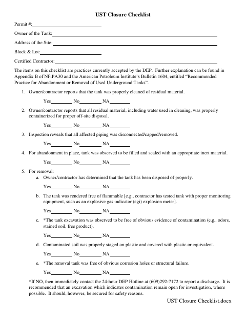 First page of the UST Closure Checklist