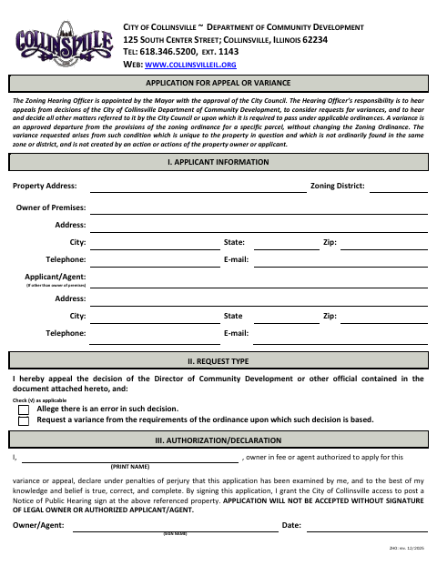 First page of the Application for Appeal or Variance