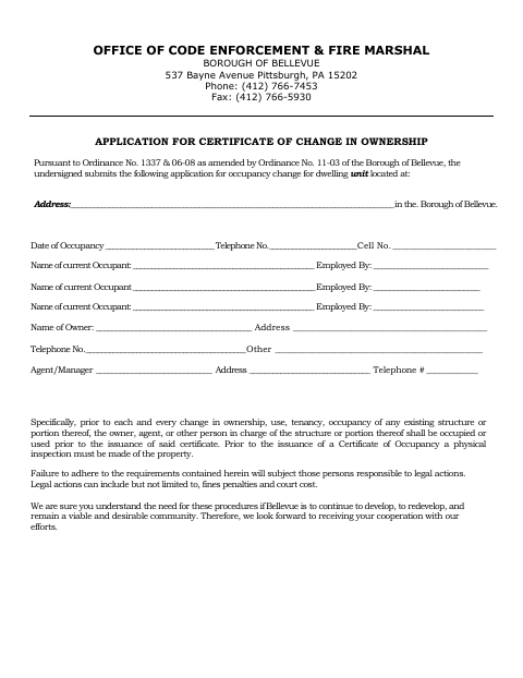 First page of the Application for Certificate of Change in Ownership