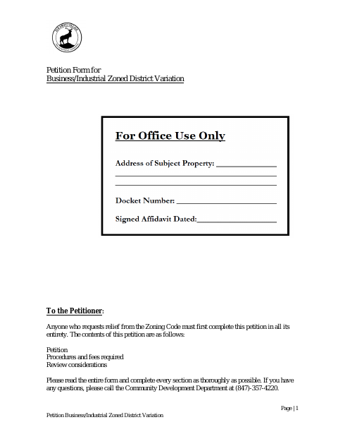First page of the Petition for Business/Industrial Zoned District Variation