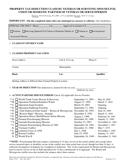 First page of the Property Tax Deduction Claim by Veteran or Surviving Spouse