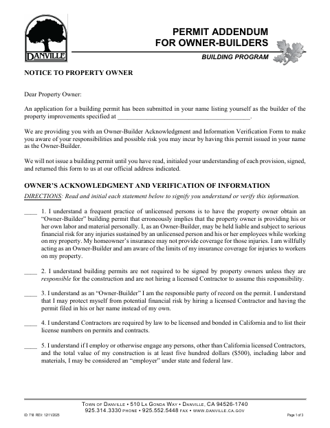 First page of the Permit Addendum for Owner-Builders