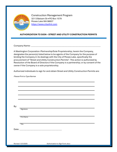 First page of the Authorization to Sign – Street and Utility Construction Permits